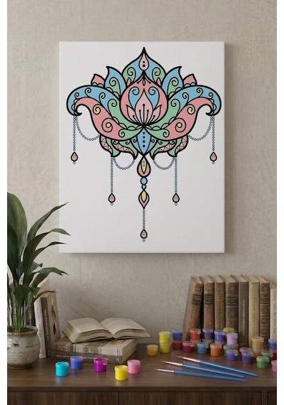 Lotus Çiçeği Desenli Mandala Tuval Boyama Seti 40x50 Cm
