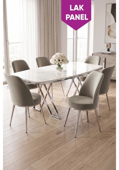 Peras Serisi 90x160 Lak Panel Beyaz Mermer Desen Krom Ayaklı Masa Takımı 6 Sandalye Beyaz Mermer Masa Cappucino Sandalye Peras Serisi 90x160 Lak Panel Beyaz Mermer Desen Krom Ayaklı Masa Takımı 6 Sandalye Beyaz Mermer Masa Cappucino Sandalye