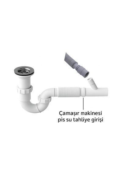 S Tipi Körüklü Lavabo Sifonu, Beyaz, Plastik, Çamaşır Makinesi Bağlantılı, 180 Dönebilir, Çift