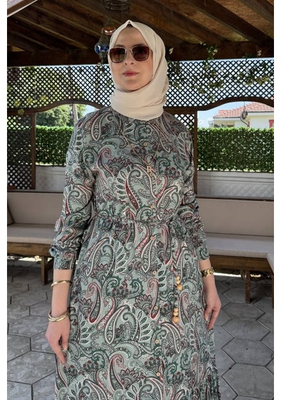 Rabia Şamlı Rengin Şal Desenli Gömlek Elbise Yeşil Normal