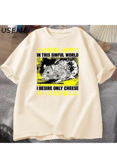 Flood Of Style Ben Arzu Sadece Peynir T-shirt Erkekler Komik Pamuk Japon Sıçan Grpahic Tees Casual Pamuk Kıs Haki
