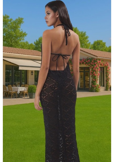 Ersefa Kadın Yazlık Triko Plaj Elbisesi Bodycon Slim Fit Halter Profesyo Siyah