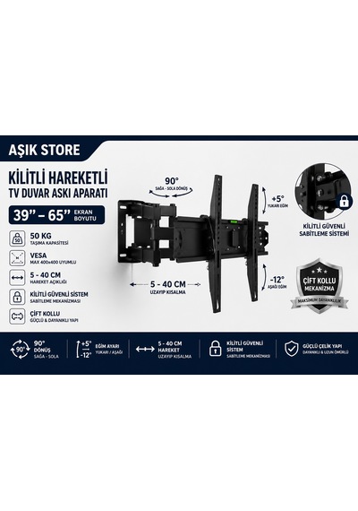 Full Motion Tv Askı Aparatı 39 65" Vesa 400 400 50 Kg