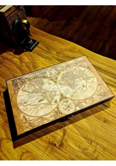 Antik Dünya Haritası Deri Tavla - 49cm X 30cm X 6.2cm, 8 Yaş Ve Üzeri, Soyut Strateji, 1 Oyuncu
