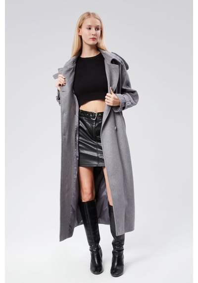 Kuşaklı Oversize Kaşe Kaban Gri