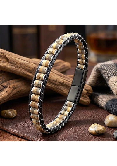 Beycen Aksesuar Odun Jasper & Hematit Çelik Örgülü Deri Bileklik 39022b22d8 Çok Renkli