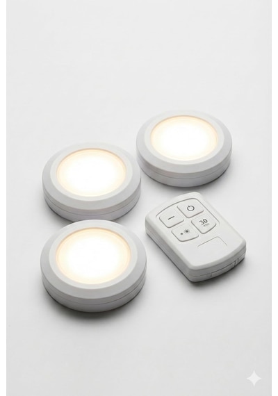 Kablosuz Led Spot Lamba Seti, Uzaktan Kumandalı, 3'lü Paket, Pilli, Yapışkan Bantlı, Zamanlayıc Beyaz
