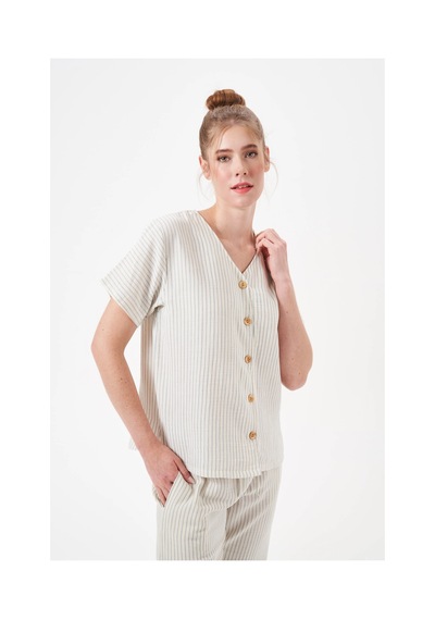 Angbutik Pjs 29098 Kadın Düğmeli Pijama Takım ekru