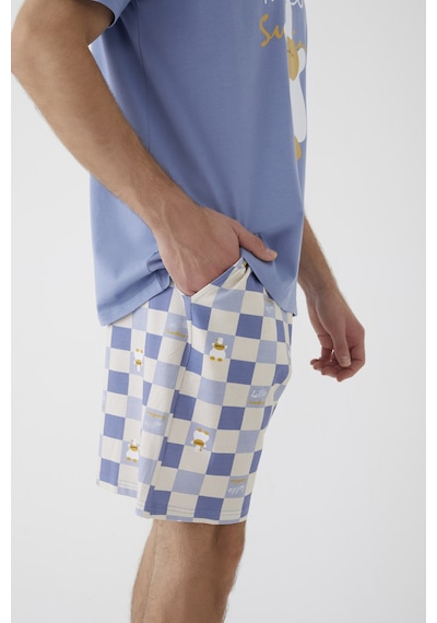 Erkek Kısa Kollu Pamuklu Ekose Desenli Ördek Baskılı Şortlu Pijama Takımı Ke30309 Mavi