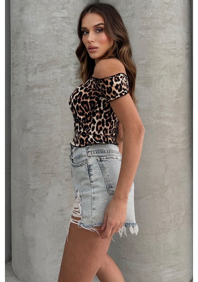 Lesa Wear Leopar Desenli Soft Touch Kayıkçı Yaka Basic Crop Bluz LEOPAR