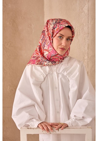 Twill İpek Eşarp 11473-42 Açık Vizon, Nar Çiçeği, Pembe, Antrasit