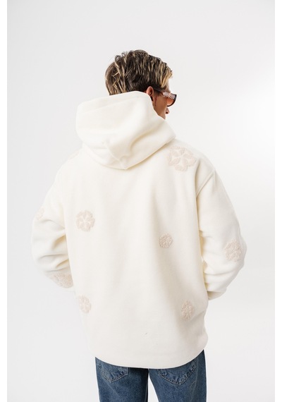 Respire Erkek Süzene Nakış Detaylı Kapüşonlu Oversize Polar Hoodie Ekru