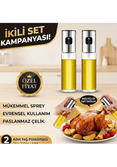 Yağ Sirke Püskürtücü 2'li Set Cam Sprey Şişe Yağdanlık Ve Limon Püskürtme Şişesi 100 Ml Gümüş