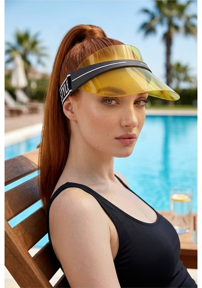Gigi Luxe Kadın Güneş Koruyucu Renkli Pleksi Cam Vizör Plaj Şapkası Sarı Sarı