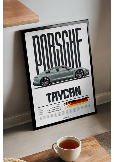 Porsche Taycan Araba Siyah Ahşap Çerçeveli Poster, Dekoratif Duvar Tablosu