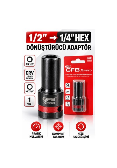 Gfb X-pro 1/2" Kare Giriş 1/4" Hex Çıkış Hızlı Değişim Dönüştürücü Adaptör Crv Açı