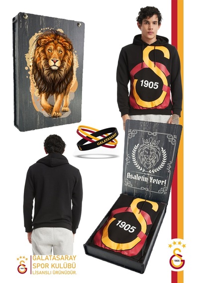Galatasaray Lisanslı Kapüşonlu Logo Erkek Sweat Gs Bileklik Set Ahşap Kutulu 096 Siyah