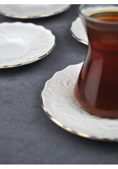 6 Kişilik Porselen Çay Tabağı Kabartma Desenli Yaldzlı 6 Adet Çay Tabak- Pera Gold