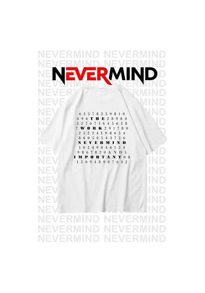 Nevermind Oversize Unisex Tişört Grafik Baskılı, Rahat Kalıp Beyaz