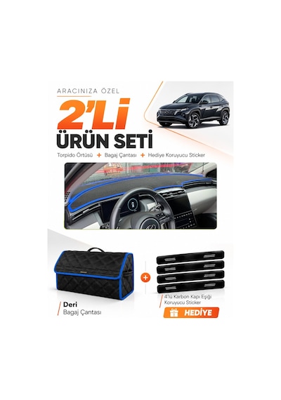 E-biz Hyundai Tucson 2021-2024 Uyumlu Torpido Örtüsü + Deri Bagaj Çantası - Siyah-mavi - Hu037