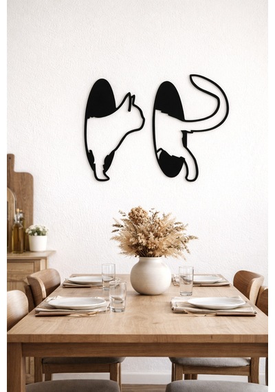 Kedi Figürlü Mdf Duvar Dekoru 2 Li Set Modern Siyah Minimal Kedi Tablosu Siyah