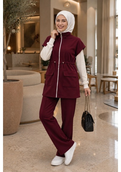 Bordo Yelekli 2 Li Takım Modern, Rahat Ve Şık Günlük Kombin