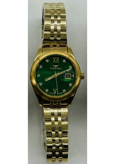 Ferro Fl21618awt-b6 Quartz Çelik Altın Rengi Yeşil Kadran 28 Mm Kadın Kol Saati Altın