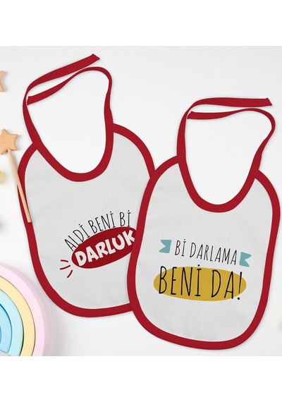 BK Kids Darlama Beni ve Darluk Tasarımlı 2’li Kırmızı Mama Önlüğü Kırmızı