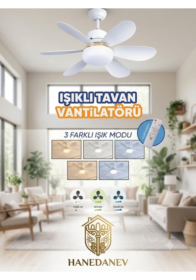 Uzaktan Kumandalı Işıklı Tavan Vantilatörü 30w Ledli Ve 3 Kademeli Akıllı Fan Sessiz Vantilatör