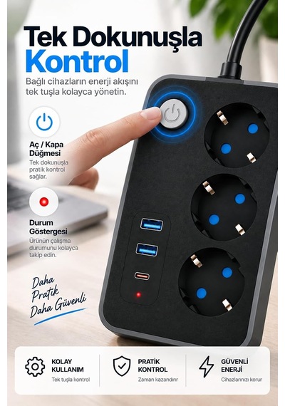 Tr Blic 3'lü Termal Akım Korumalı Uzatma Prizi 2 Metre Kablolu, 2 Usb + 1 Type-c Hızlı Şarj, Çocuk Korumalı, 0