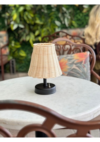Rattan & Bambu Masa Üstü Kablosuz Pilli Abajur Masa Lambası Siyah