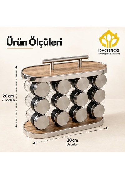 Deconox Standlı 12 Li Cam Baharatlık Seti, Metal Kapaklı Şeffaf B