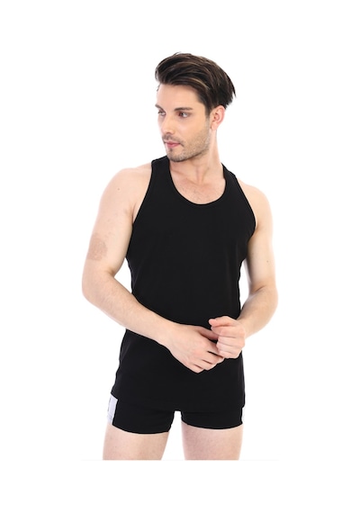 Çift Kaplan Erkek Elastanlı Spor Siyah Atlet 916