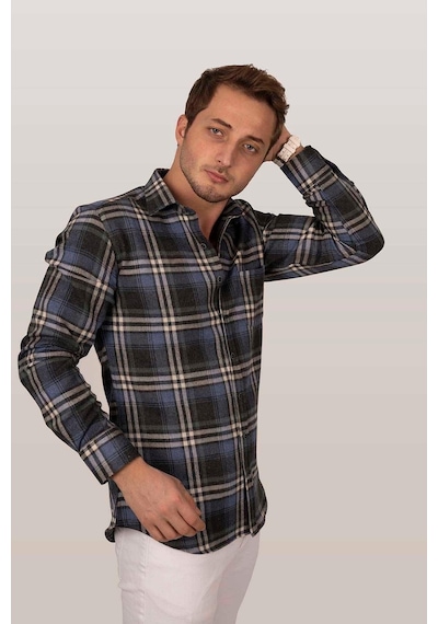 Lacivert Beyaz Oduncu Slimfit Erkek Gömlek Lacivert - Beyaz