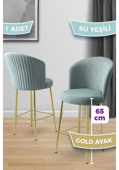 Canisa Alte Serisi 1 Adet Babyface Kumaş 65 Cm Gold Kaplama Ayaklı Su Yeşili Bar Sandalyesi Su Yeşili Sandalye Gold Kaplama Ayak