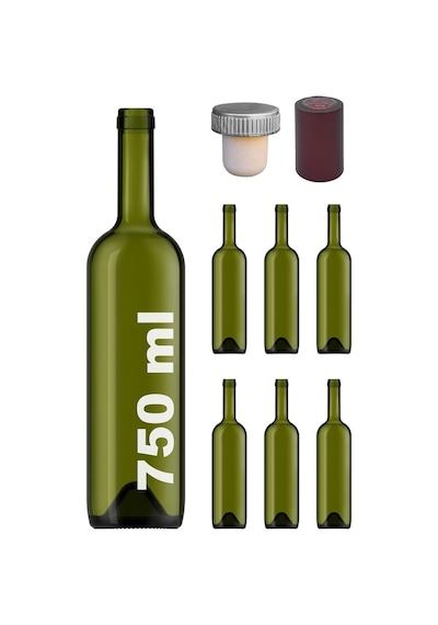 750 Ml Yeşil Şarap Şişesi Sentetik Mantar Tıpalı Ve Kapüşonlu Boş Çukur Cam Şişe 6 Adet
