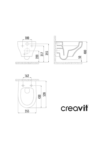 Creavit Ness Kanalsız Beyaz Açık Montaj Asma Klozet Ns322, Creavit Ness Duroplast Yavaş Kapak Kc3403.02 Beyaz