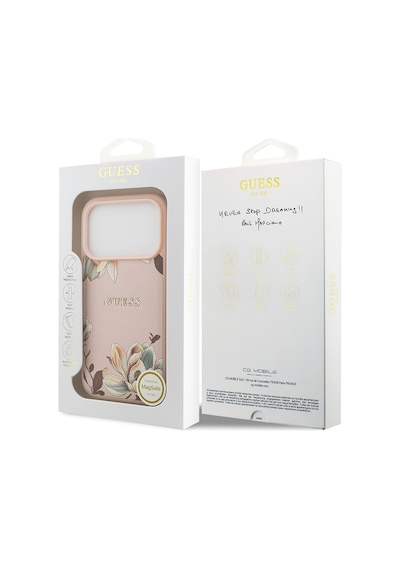Apple Uyumlu iPhone 17 Pro Kılıf Guess Lisanslı M-safeli Taneli Çiçek Tasarımlı Metal Yazı Logolu Pembe Pembe