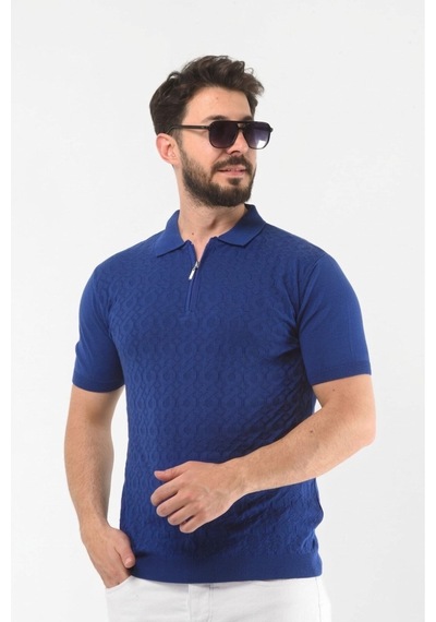 Onno Pamuklu Fermuarlı Desenli Triko Tshirt Mavi