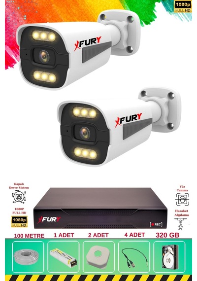 Fury 2 Kameralı 6 Warm Led Gece Renkli Görüş-cepten İzle-su Geçirmez Güvenlik Kamerası Seti 320gb