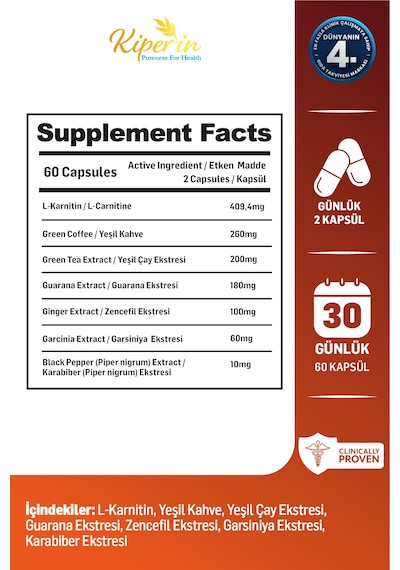 Kiperin Burn Vücut Yağı Hedefleyici L-karnitin, Yeşil Çay, Guarana, Zencefil, Garsiniya, Kafein 60 Kapsül