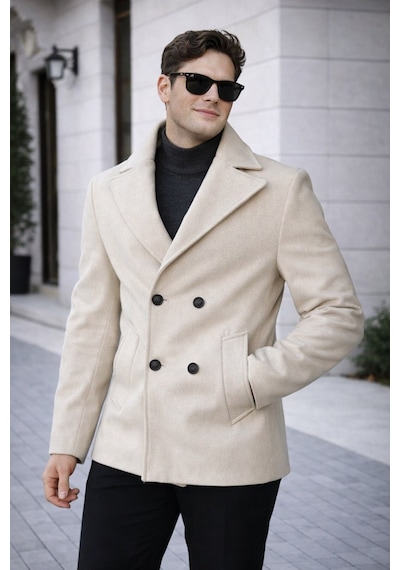 Erkek Casual Kruvaze Midi Boy Kaşe Kaban - Modern Kesim Krem Kaşe