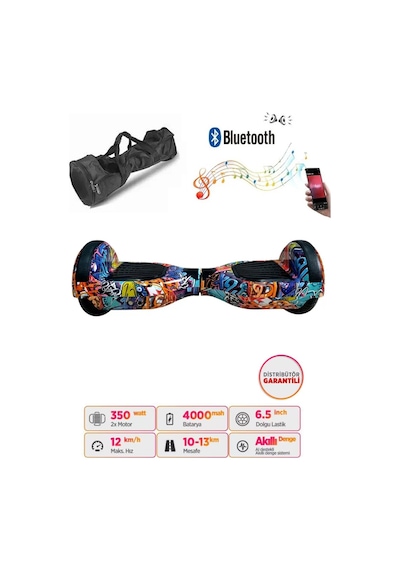 Citymate Elektrikli Kaykay Hoverboard Bluetooth Hoparlörlü 6.5 İnç Grafiti D11 +Çanta