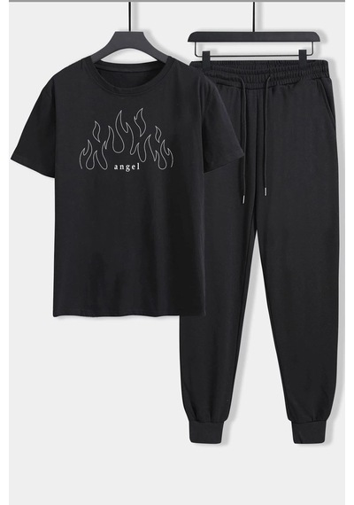 Uyguntarz Unisex White Angel Baskılı 2'li Eşofman Takımı Siyah