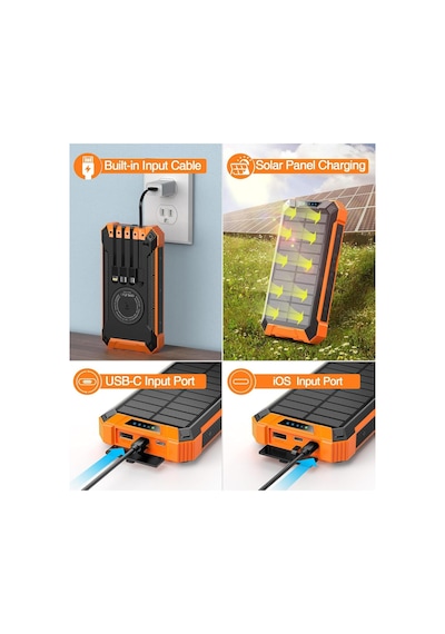 10000mah Solar Powerbank Wireless Kablosuz Şarj Özellikli Kendinden Kablolu Taşınabilir Şarj Aleti Mavi