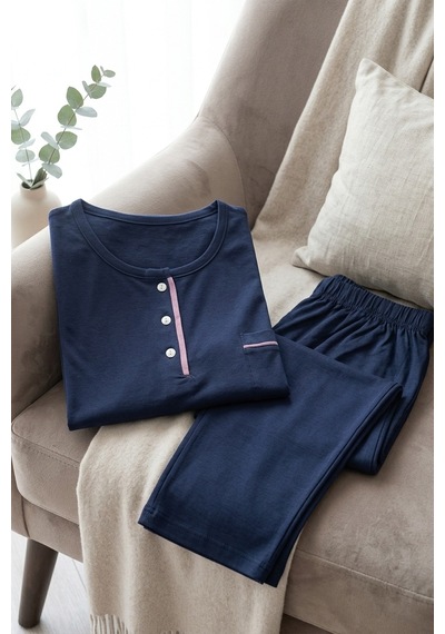 Mataş Kadın Pamuklu Uzun Kollu Üç Düğmeli Biyeli Soft Örme Yumuşak Pijama Takımı Lacivert