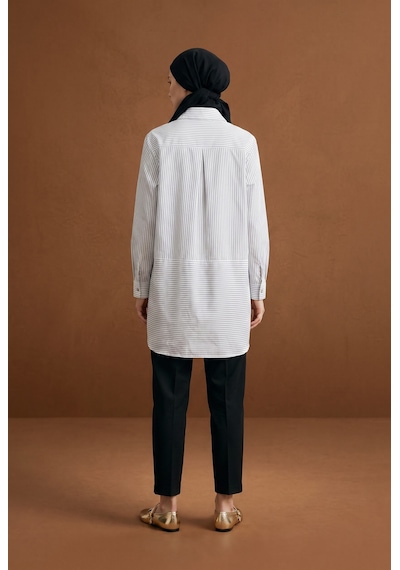 Armine Trend Çizgili Asimetrik Blok Detaylı Düğmeli Uzun Kollu Oversize Gömlek Tunik 90 Cm Boy Siyah 26yt490