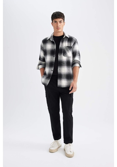 DeFacto Regular Fit Polo Yaka Kareli Oduncu Flanel Uzun Kollu Gömlek D3498AX24WNBK81