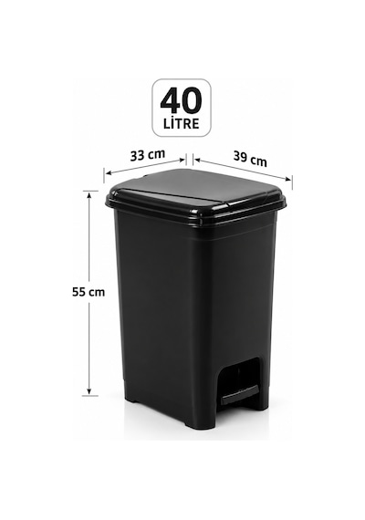 Porsima 0122-1 Slim Pedallı Çöp Kovası 40 Lt Siyah Taşınabilir Taşıma Kulplu Büyük Boy Mutfak Çöp Kovası