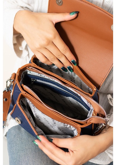 Just Polo Yeni Sezon Kolon Askılı 4 Bölmeli Kadın Omuz Çantası 21x16cm Pbu2174 Lacivert - Taba
